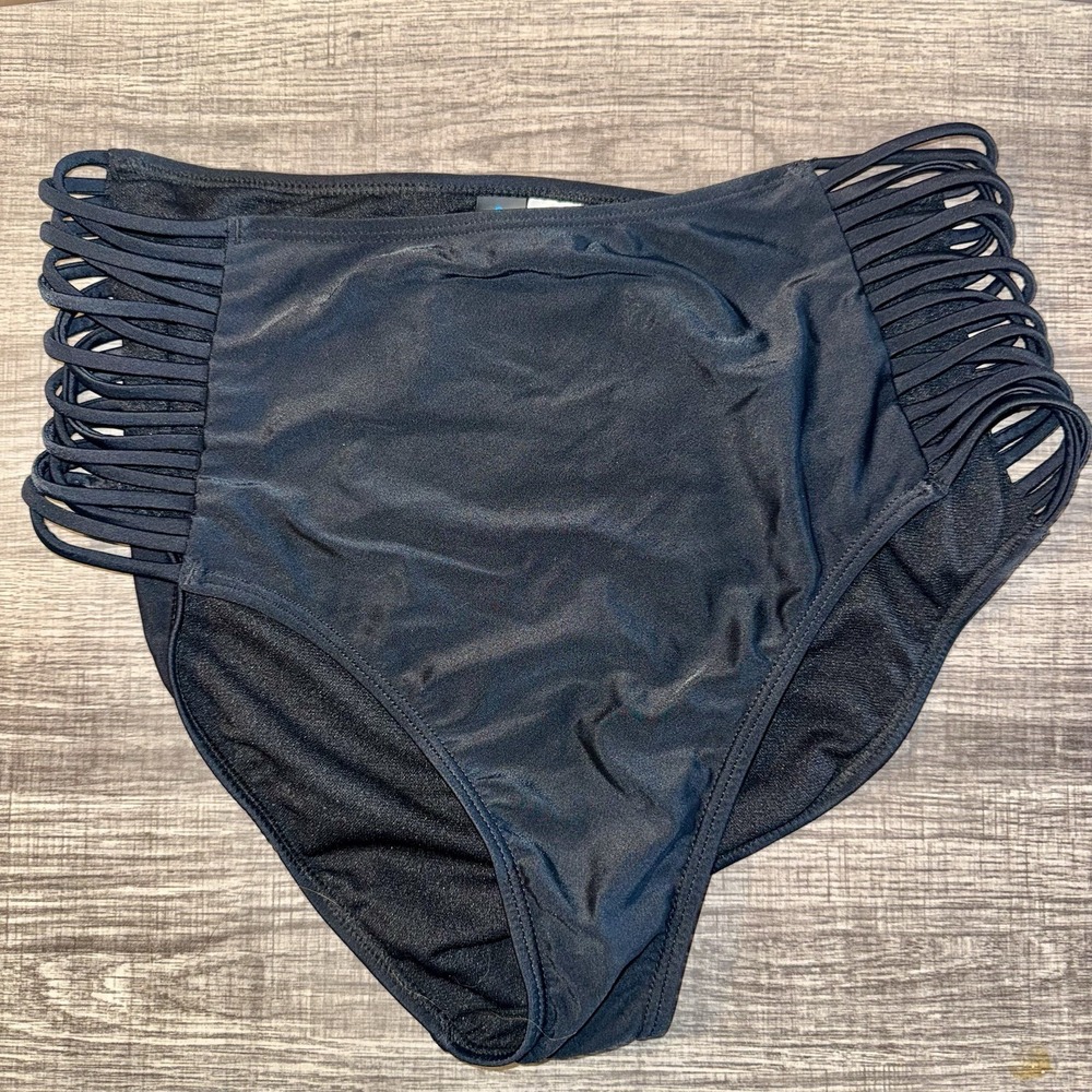 Decree Women's 0X Black High Waisted Bikini Bottoms Strappy Sides